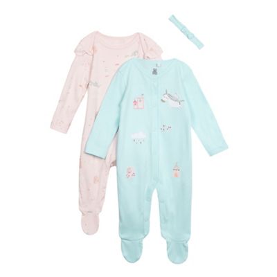 bluezoo Pack of two baby girls' assorted sleepsuits with a headband